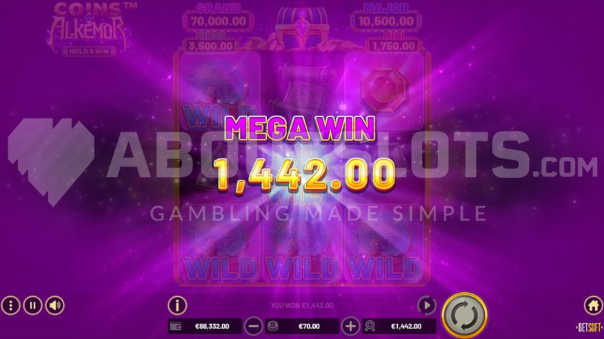 Экран с надписью Мега-выигрыш 1442.00