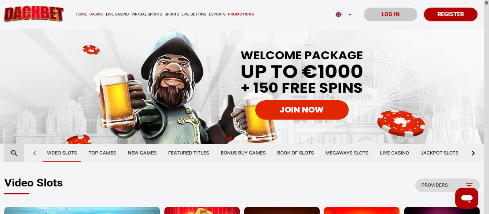 Screenshot der Dachbet Casino Homepage mit Spielen und Sportwetten