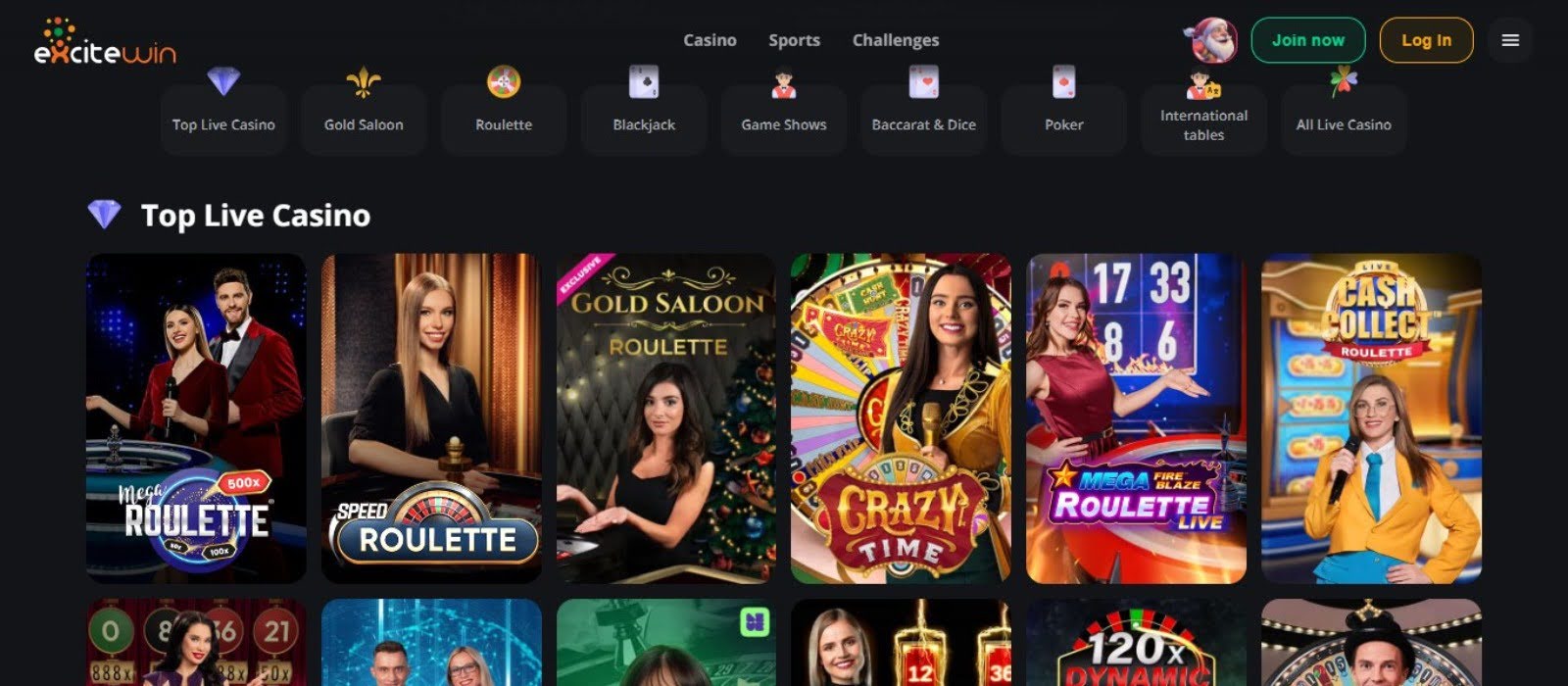 Spieleauswahl und Login-Bereich im Excitewin Casino Interface
