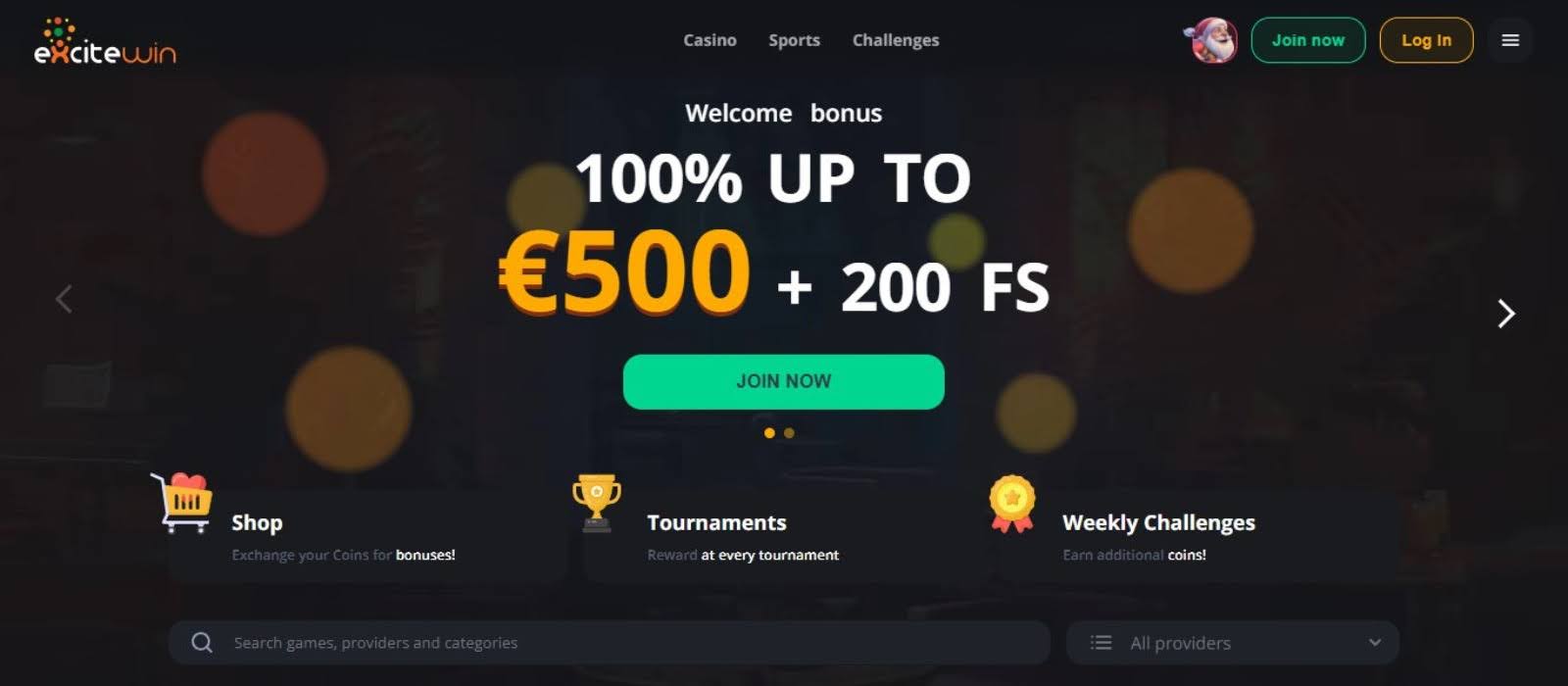 Screenshot der Excitewin Login- und Startseite mit Registrierungsbutton und Spielangeboten
