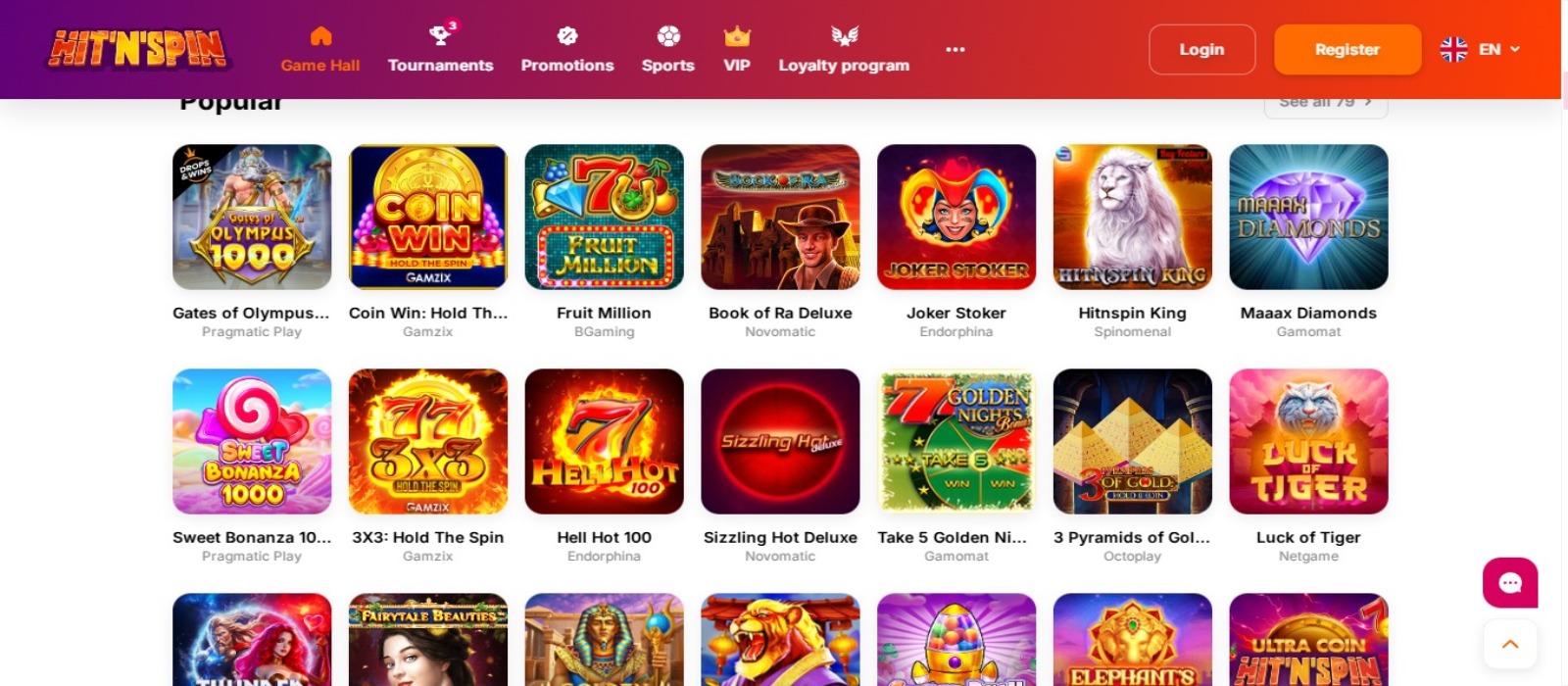 Hitnspin Casino spilbibliotek med slots og bordspil