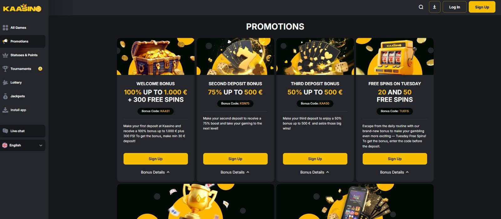 Schermafbeelding van de promotiepagina op Kaasino casino met bonusaanbiedingen