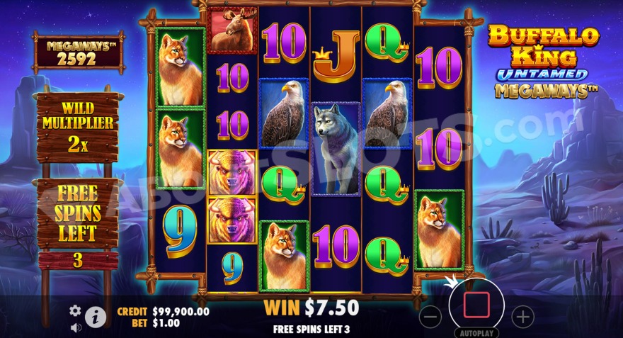 Бонусная игра с бесплатными вращениями и множителем Wild 2X, показанная слева.