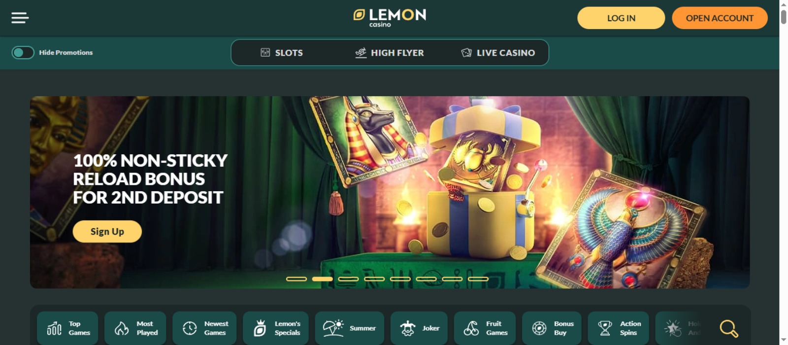 Schermafbeelding van de Lemon Casino homepage met speelautomaten en promoties