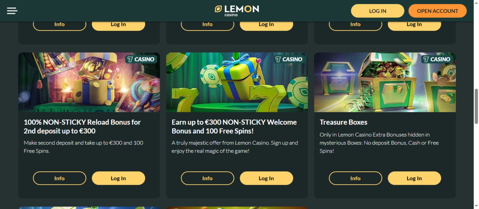 Lemon Casino promóciós oldal és bejelentkezési felület