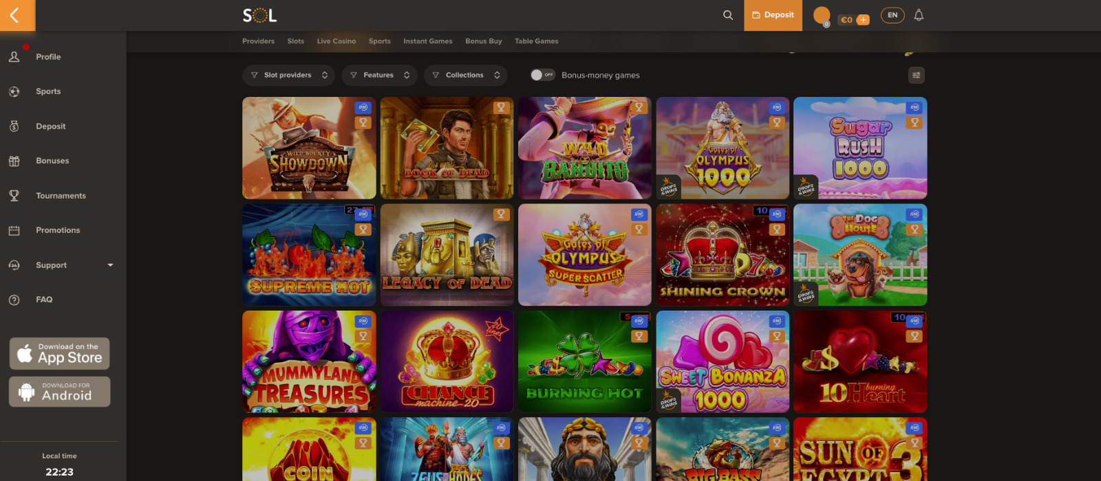 Page des jeux de Solcasino montrant une sélection de machines à sous