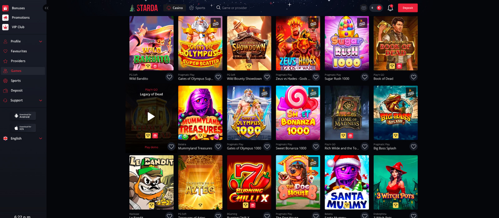 Screenshot der Spiele-Seite im Starda Casino, zeigt eine Übersicht verschiedener Slot-Kategorien und Suchfunktion