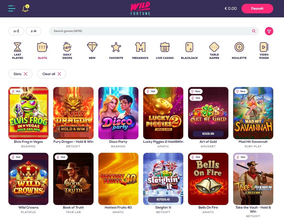 Screenshot of Wild Fortune Casino game lobby showing various slot machine titles