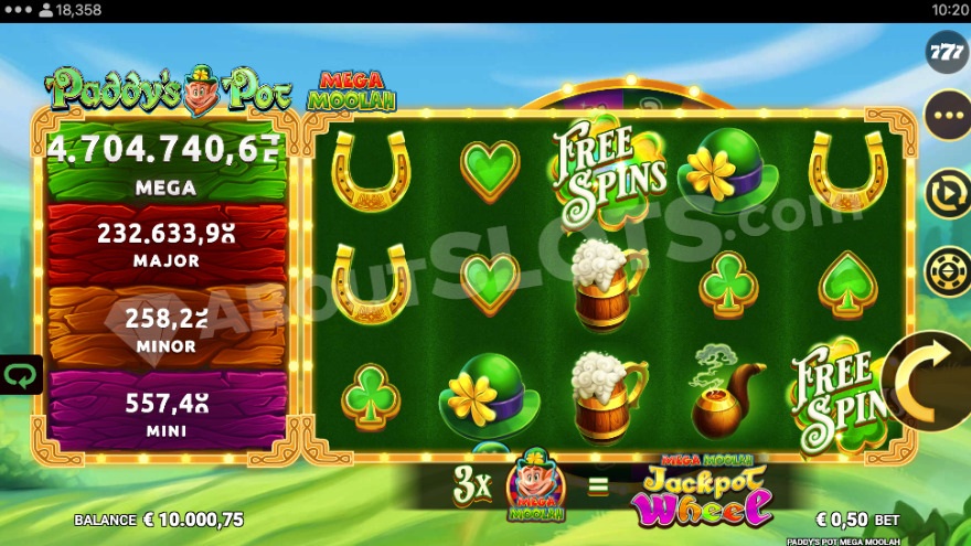 Базовая игра с джекпотами Mega Moolah слева от барабанов.