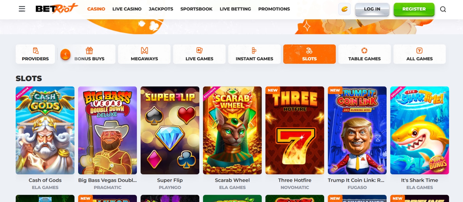 Page des jeux sur Betriot casino online