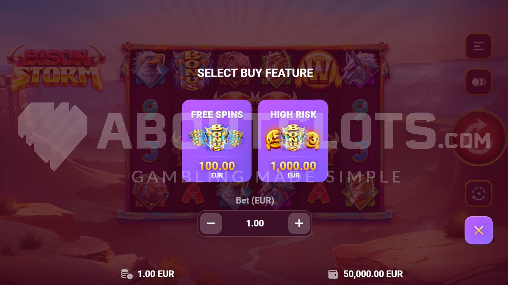 Bison Storm slot gép játék közben, bemutatva az ingyen pörgetés funkciót és a grafikai elemeket