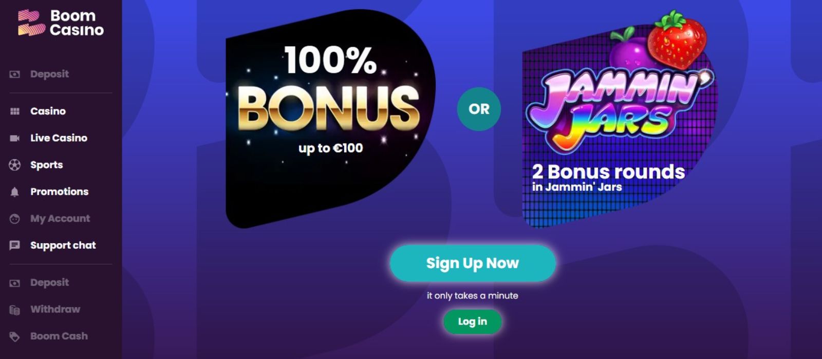 Boom Casino Landing Page mit Spielen und Promotionen