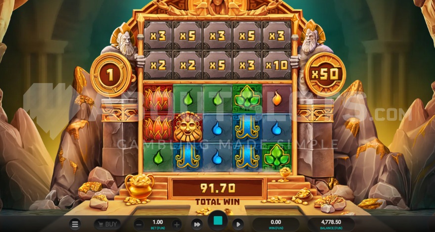 Бонусная игра Super Free Spins с текущим множителем выигрыша 50X справа.