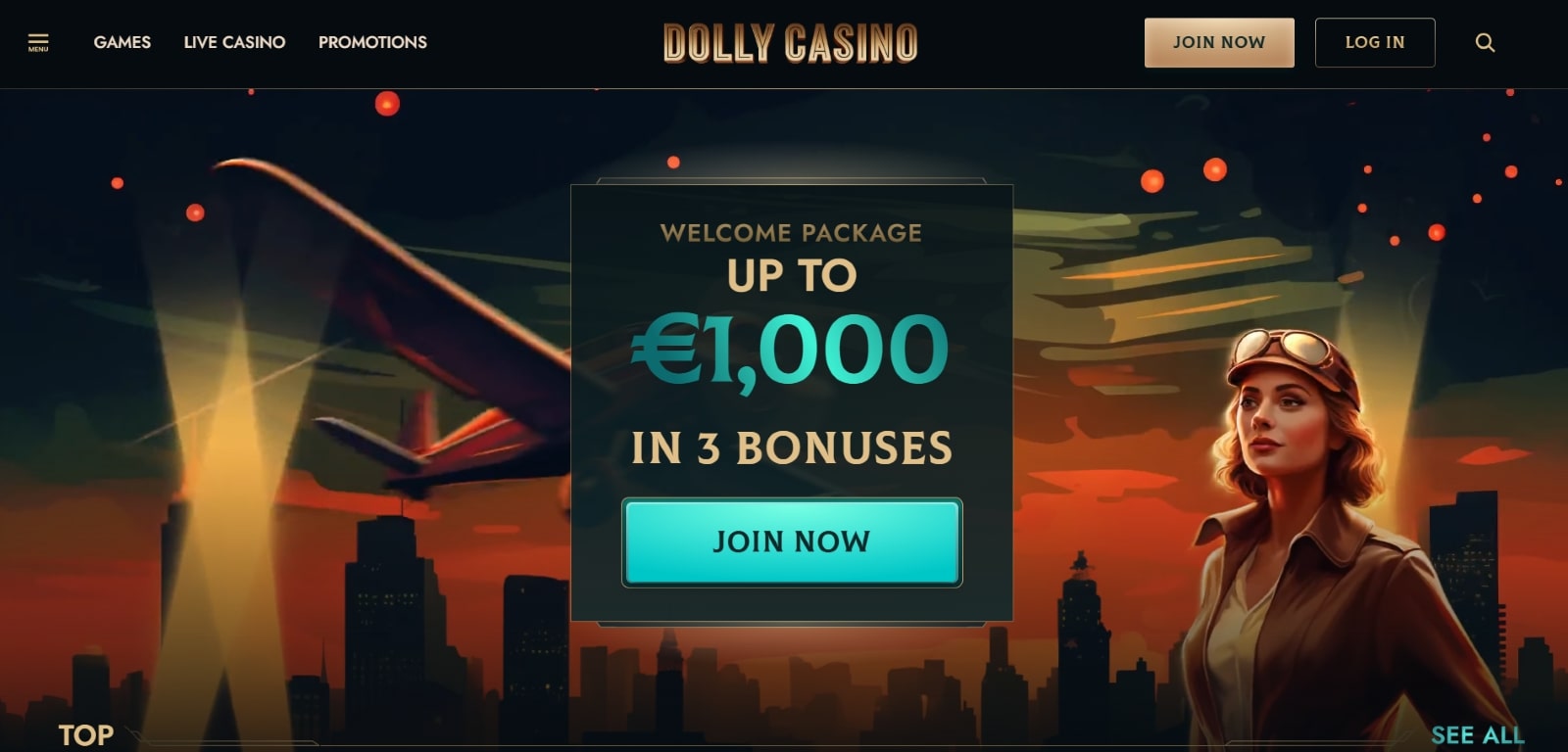 Schermata principale del sito Dolly Casino con interfaccia vivace e promozioni