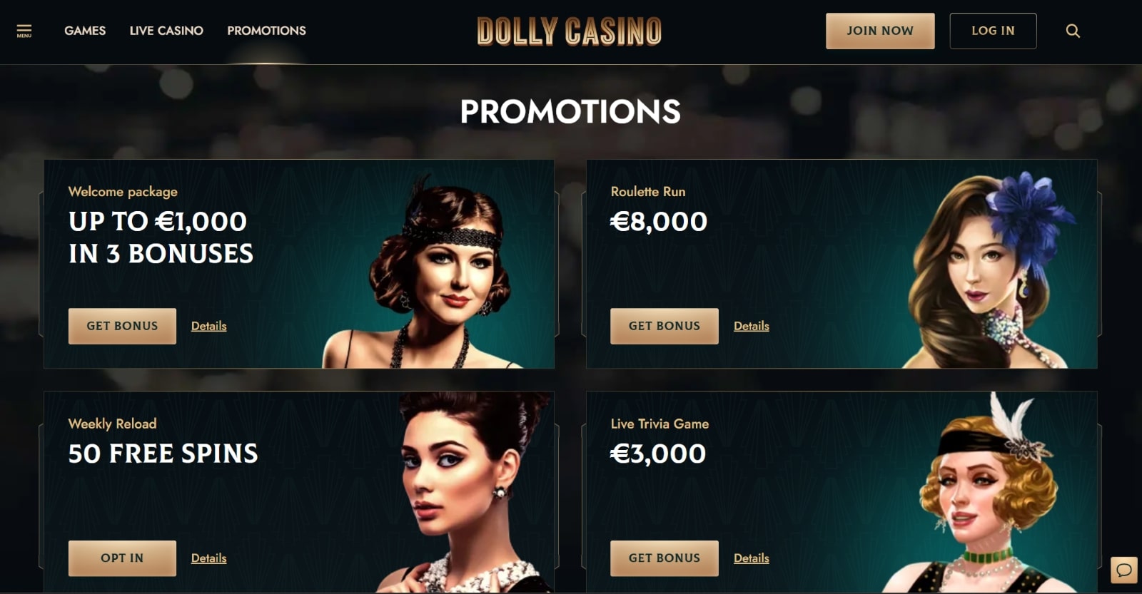 Schermata promozioni Dolly Casino che mostra diverse offerte di free spins e bonus