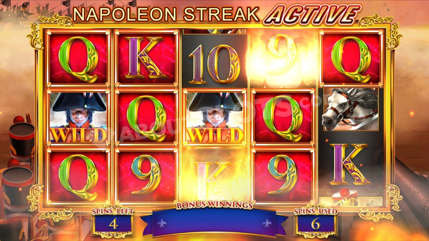 Бонусная игра с бесплатными вращениями и активированной функцией Streak Наполеона.