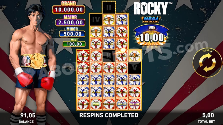 Функция Mega Fire Blaze Hold and Respin с Рокки слева.