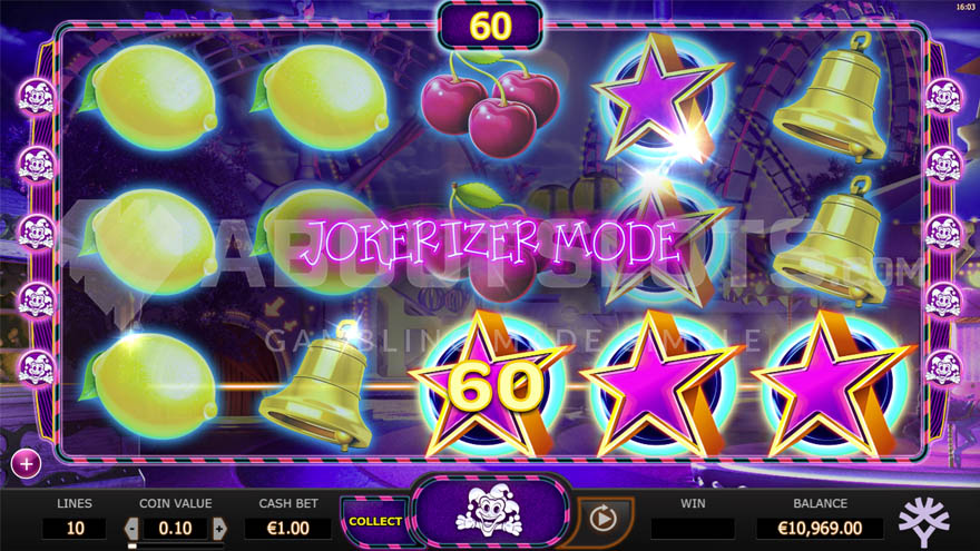 Базовая игра с активированным режимом Джокера и выигрышем из трех одинаковых символов звезды.