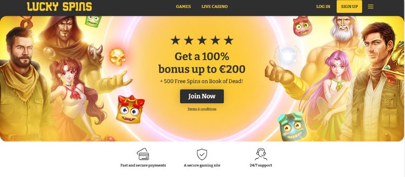 Skjermbilde av Lucky Spins casino hovedside som viser påloggingsfeltet og spillutvalg