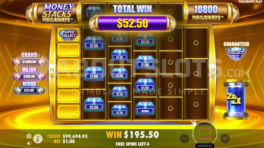 Бонус Money Spins с символами Money на сетке и Super Collect на первом барабане.