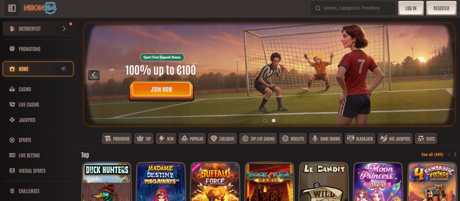 Neon54 Casino Landing Page