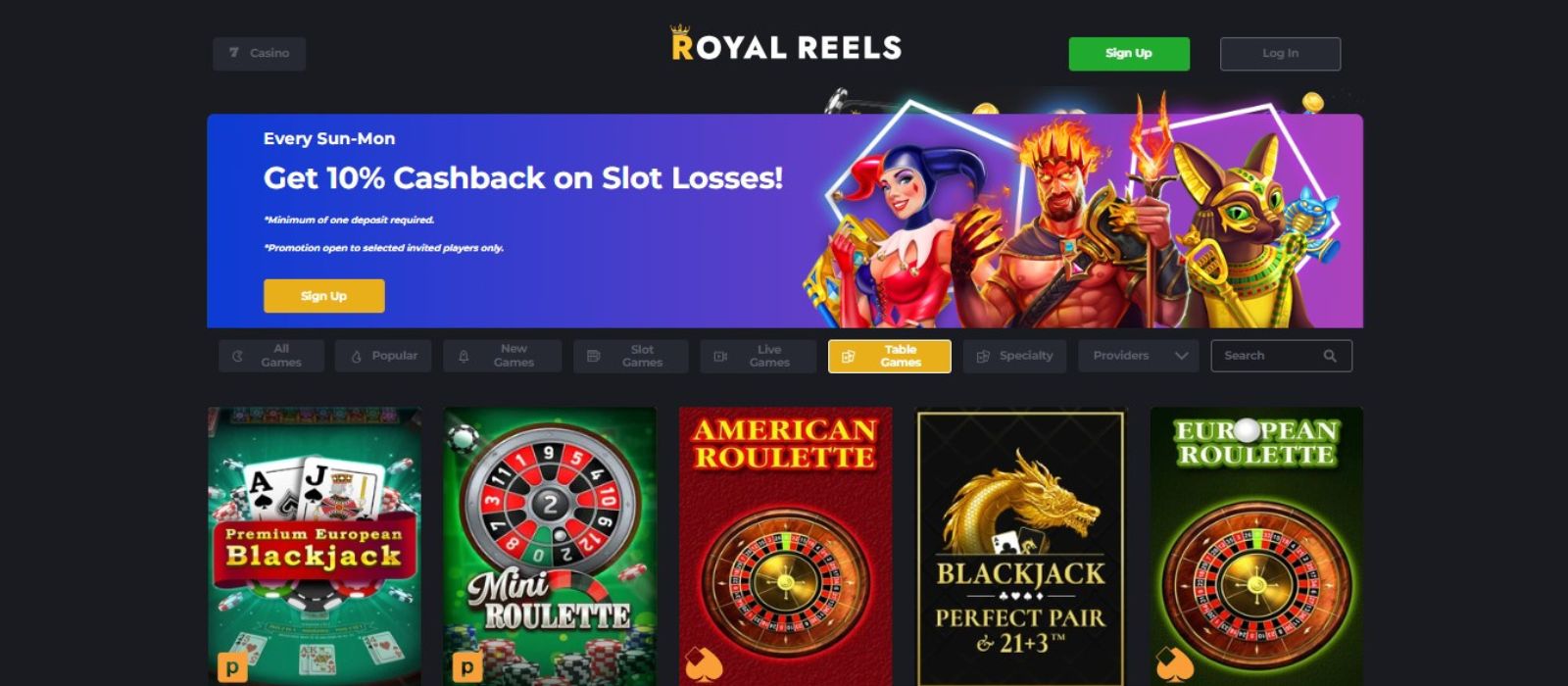 Screenshot of Royal Reels Casino games lobby showing various slot machine titles