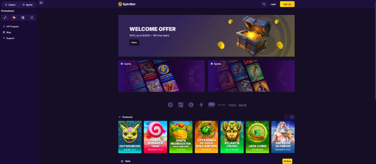 Spinbet VIP landing page interface showing tier levels