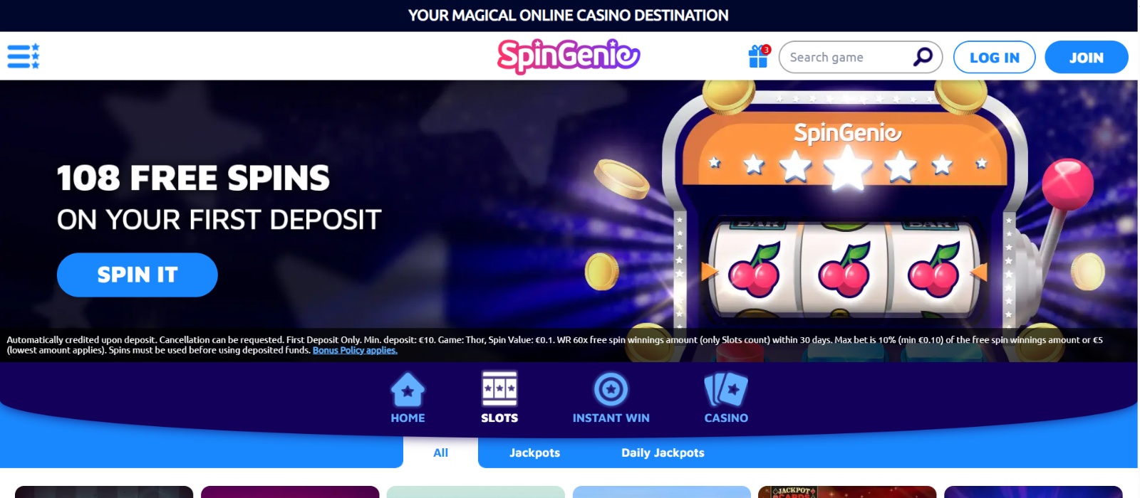 Spingenie Casino Landing Page
